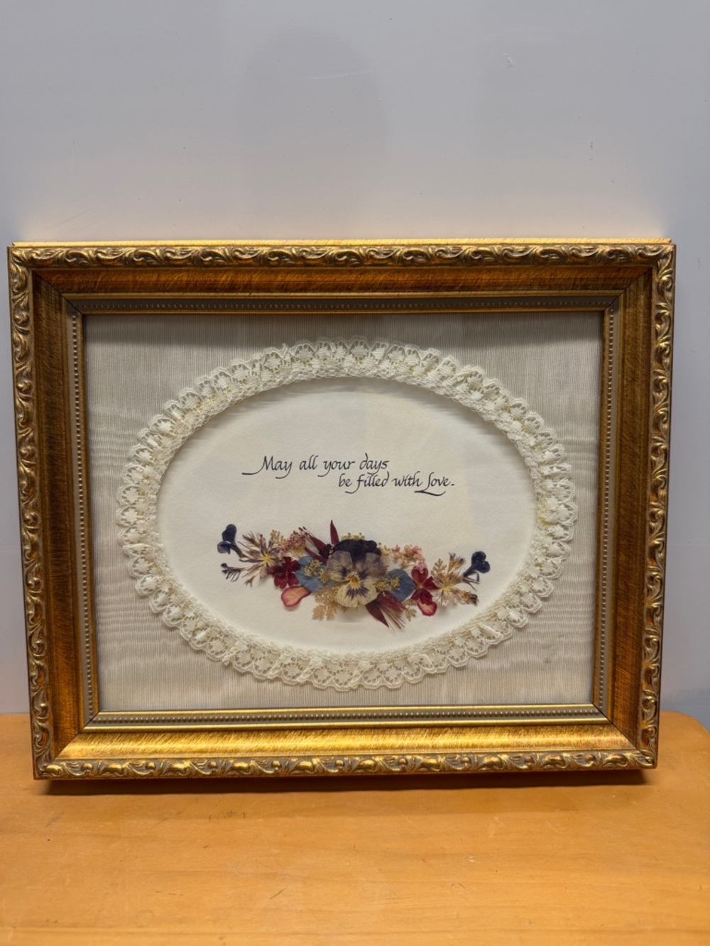 Framed Floral Sentiment Wall Art - Gold Frame, Cream Lace Mat grandmacore